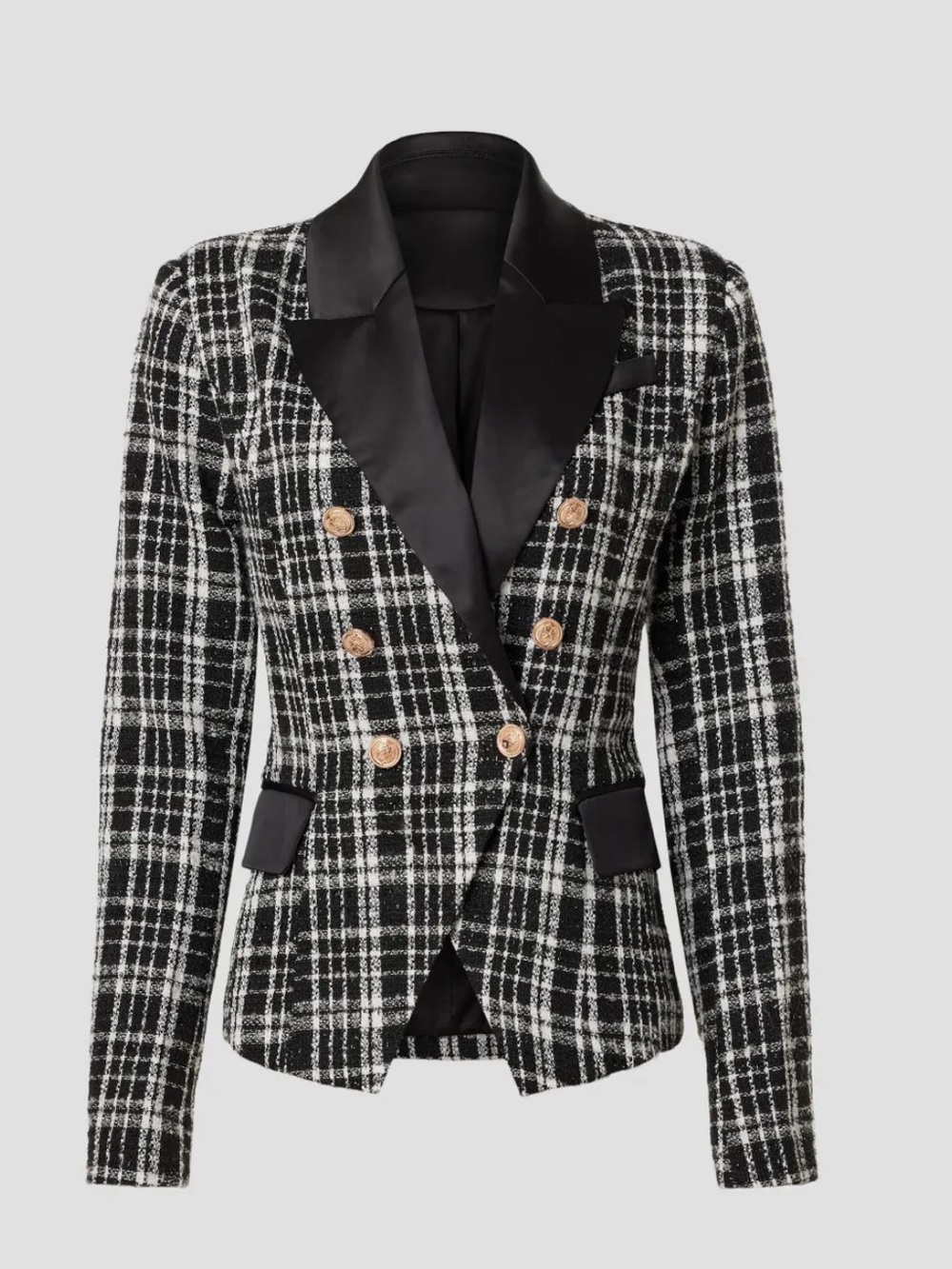 Rachel Parcell Black and White Tweed Double-Breasted Satin Lapel Blazer